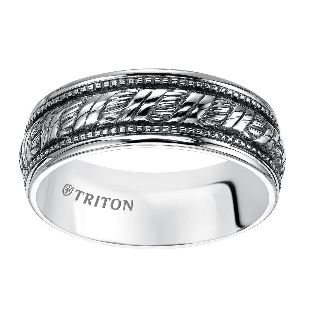 Triton Gents 8mm Sterling Silver Woven Milgrain Comfort Fit Band With Black Oxidation 11-4926SV-G.00