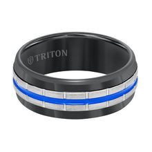 Load image into Gallery viewer, Triton Gents Black Tungsten Carbide Band With Electric Blue Stripe 11-5944BCB8-G.00
