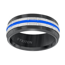 Load image into Gallery viewer, Triton Gents Black Tungsten Carbide Band With Electric Blue Stripe 11-5944BCB8-G.00
