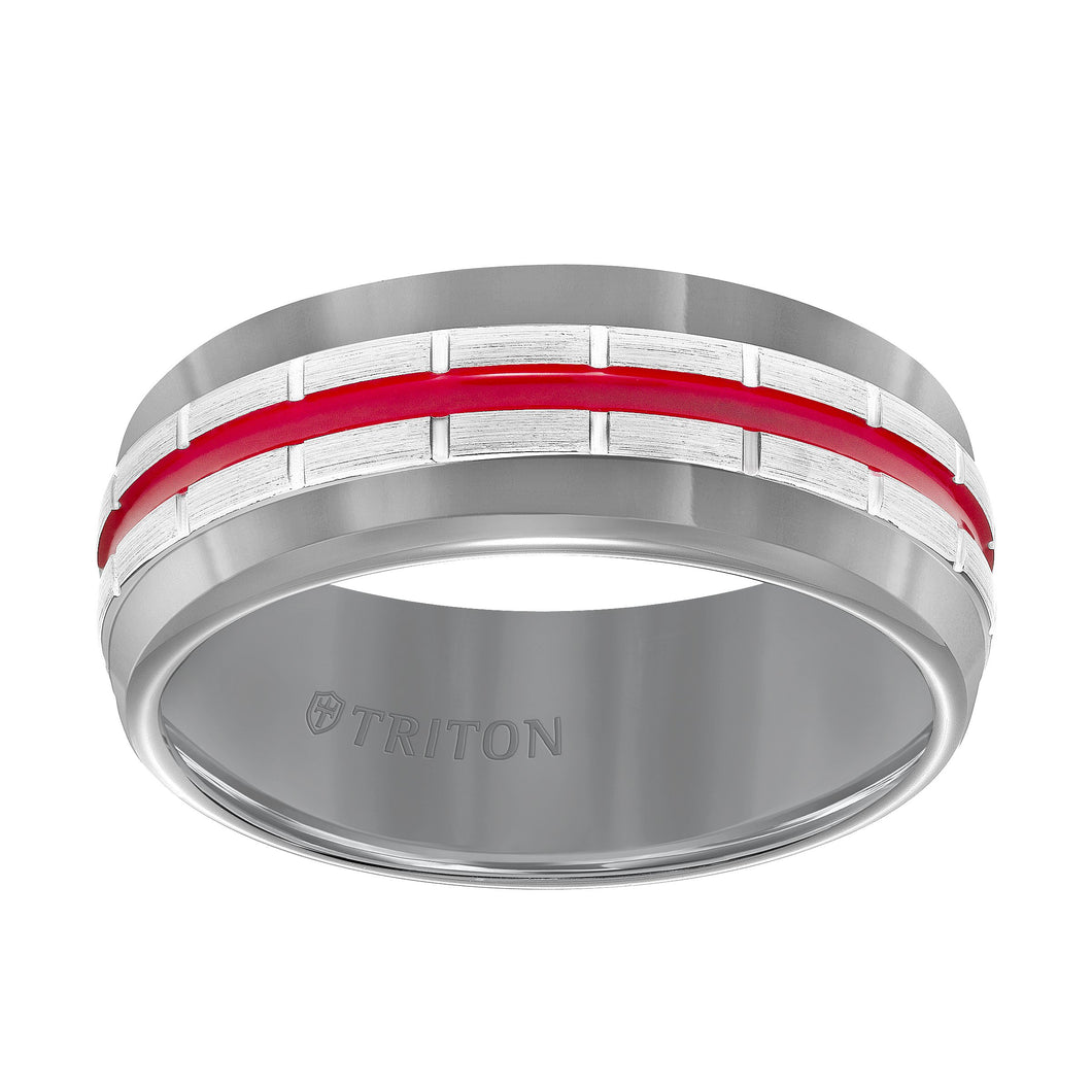 Triton Gents 8.5mm Gunmetal Grey Tungsten Carbide Band With Red Center Stripe 11-5944HCR8-G.00