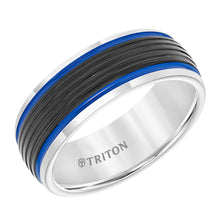 Load image into Gallery viewer, Triton Gents 8mm Black And White Domed Tungsten Carbide Band Electric Blue Stripes 11-5945MCB8-G.00
