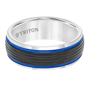 Triton Gents 8mm Black And White Domed Tungsten Carbide Band Electric Blue Stripes 11-5945MCB8-G.00