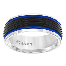 Load image into Gallery viewer, Triton Gents 8mm Black And White Domed Tungsten Carbide Band Electric Blue Stripes 11-5945MCB8-G.00
