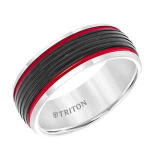 Triton Gents 8mm Black And White Domed Tungsten Carbide Fire Red Stripes 11-5945MCR8-G.00
