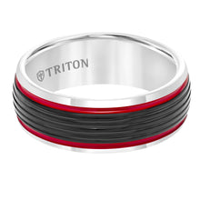 Load image into Gallery viewer, Triton Gents 8mm Black And White Domed Tungsten Carbide Fire Red Stripes 11-5945MCR8-G.00
