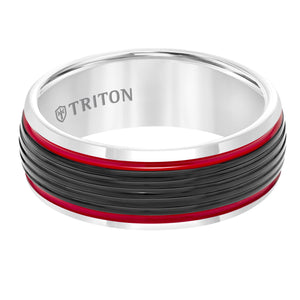 Triton Gents 8mm Black And White Domed Tungsten Carbide Fire Red Stripes 11-5945MCR8-G.00