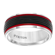 Load image into Gallery viewer, Triton Gents 8mm Black And White Domed Tungsten Carbide Fire Red Stripes 11-5945MCR8-G.00
