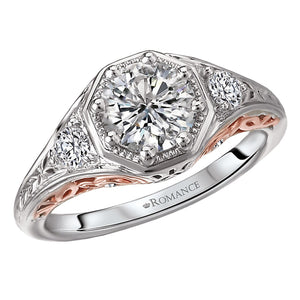18kt White and Rose Gold 1,4 Carat Weight Semi Mount Octagon Shaped Diamond Halo Ring