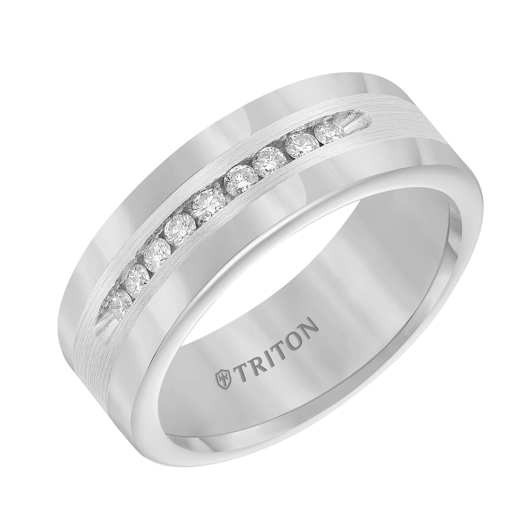 Triton 8MM Tungsten Carbide Comfort Fit Men's Wedding Band with Channel Set Diamonds