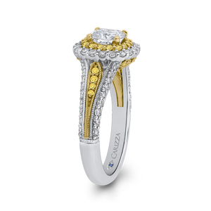 Split Shank Two Tone Gold Cushion Diamond Double Halo Engagement Ring CARIZZA CAU0236EHY-37WY-1.0