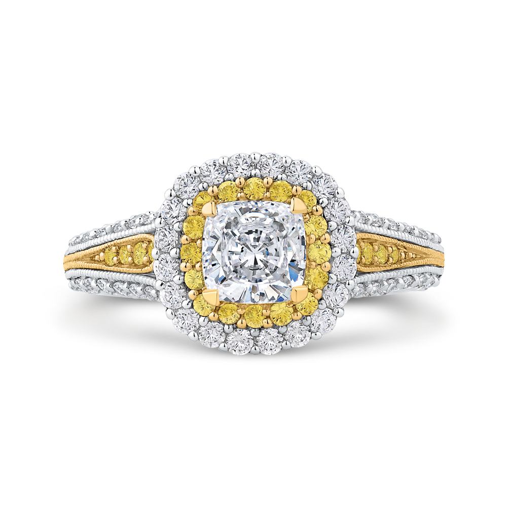 Split Shank Two Tone Gold Cushion Diamond Double Halo Engagement Ring CARIZZA CAU0236EHY-37WY-1.0
