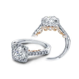 Verragio Insignia 0.65CTW Cushion Halo Rosy Diamond Scrolls Engagement Ring