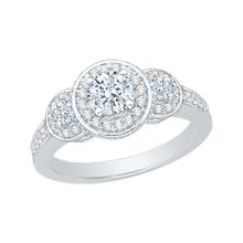 Load image into Gallery viewer, Three-Stone Halo Engagement Ring with Round Cut Diamond Promezza PR0019EC-02W
