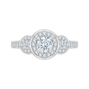 Three-Stone Halo Engagement Ring with Round Cut Diamond Promezza PR0019EC-02W