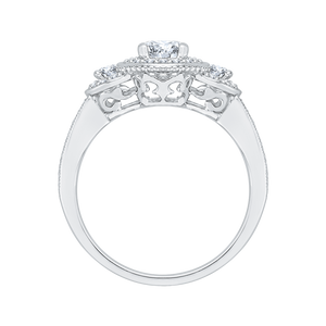 Three-Stone Halo Engagement Ring with Round Cut Diamond Promezza PR0019EC-02W