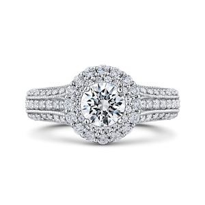 Three Row Vintage Engagement Ring with Double Halo Round Diamond Promezza PR0181EC-44W-.50