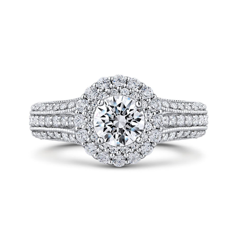 Three Row Vintage Engagement Ring with Double Halo Round Diamond Promezza PR0181EC-44W-.50