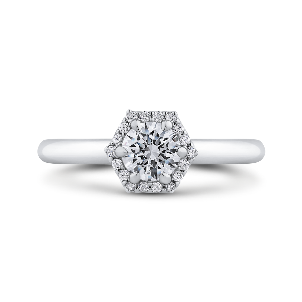 Hexagon Shape Halo Plain Shank Engagement Ring with Round Diamond Promezza PR0230EC-44W-.50