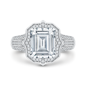 Three Row Engagement Ring with Emerald Cut Diamond Halo Carizza Boutique QRE0051K-40W-3.00