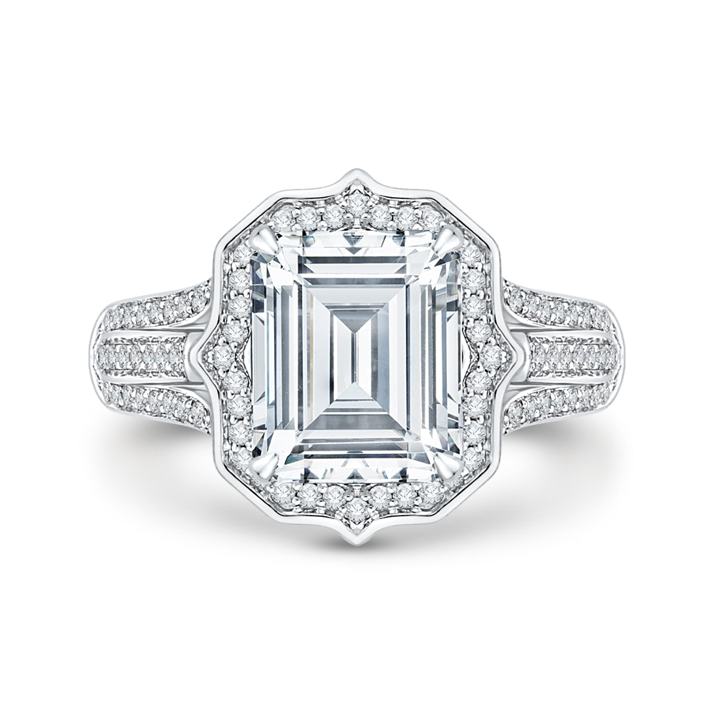 Three Row Engagement Ring with Emerald Cut Diamond Halo Carizza Boutique QRE0051K-40W-3.00